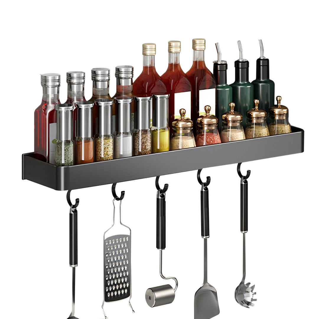 SOGA 40cm Black Wall-Mounted Rectangular Kitchen Spice Storage Organiser Space Saving Condiments Shelf Rack with Hooks