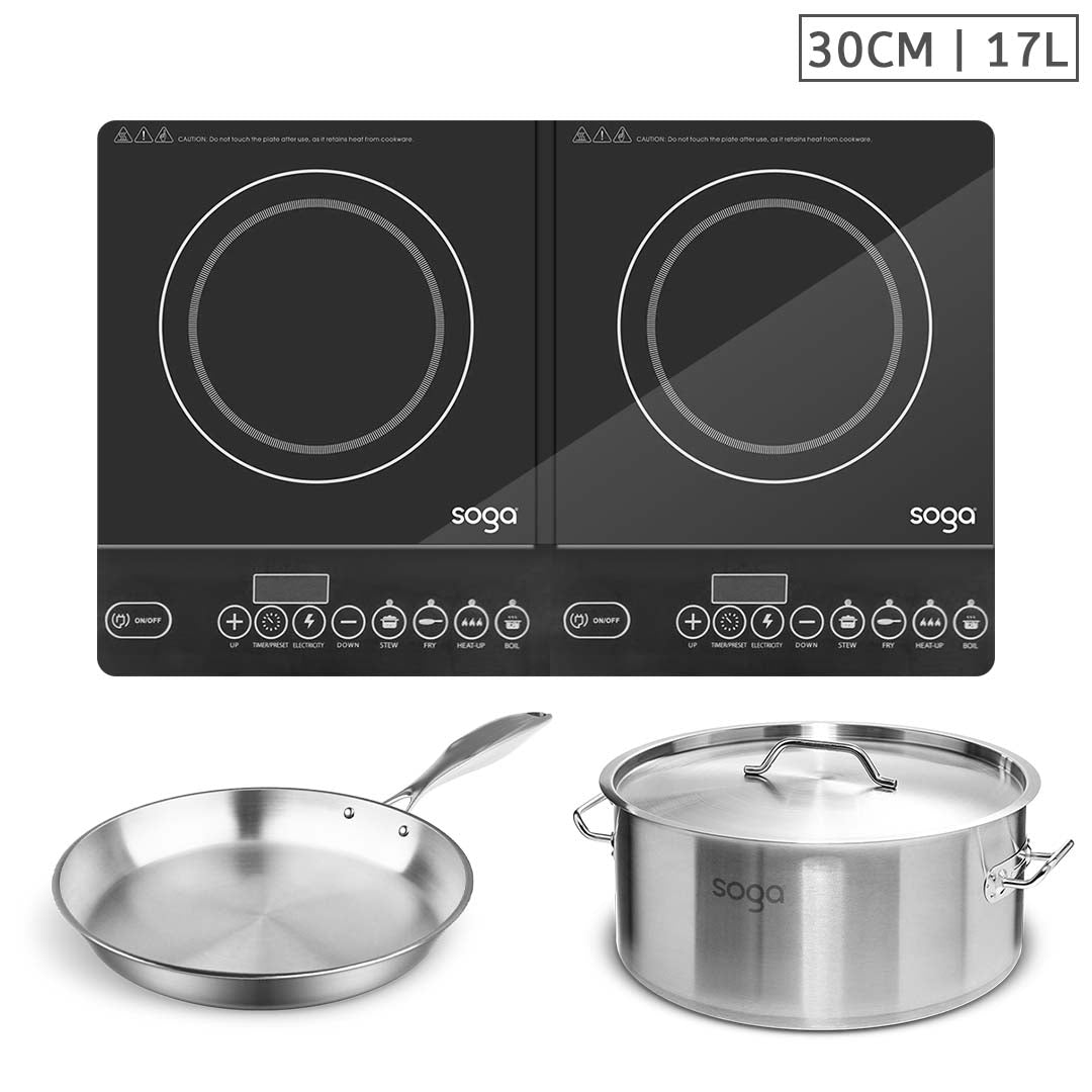 SOGA Dual Burners Cooktop Stove, 17L Stainless Steel Stockpot 28cm and 30cm Induction Fry Pan