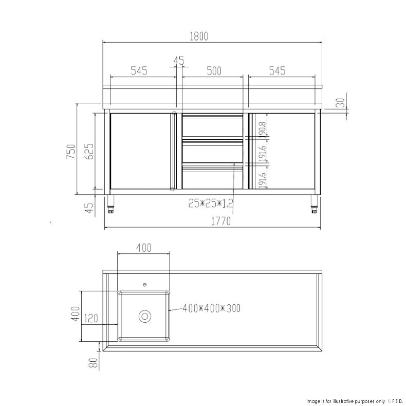 Single Sink Cabinet with Drawers and Doors Sink on Left 1800x600x900+150mm