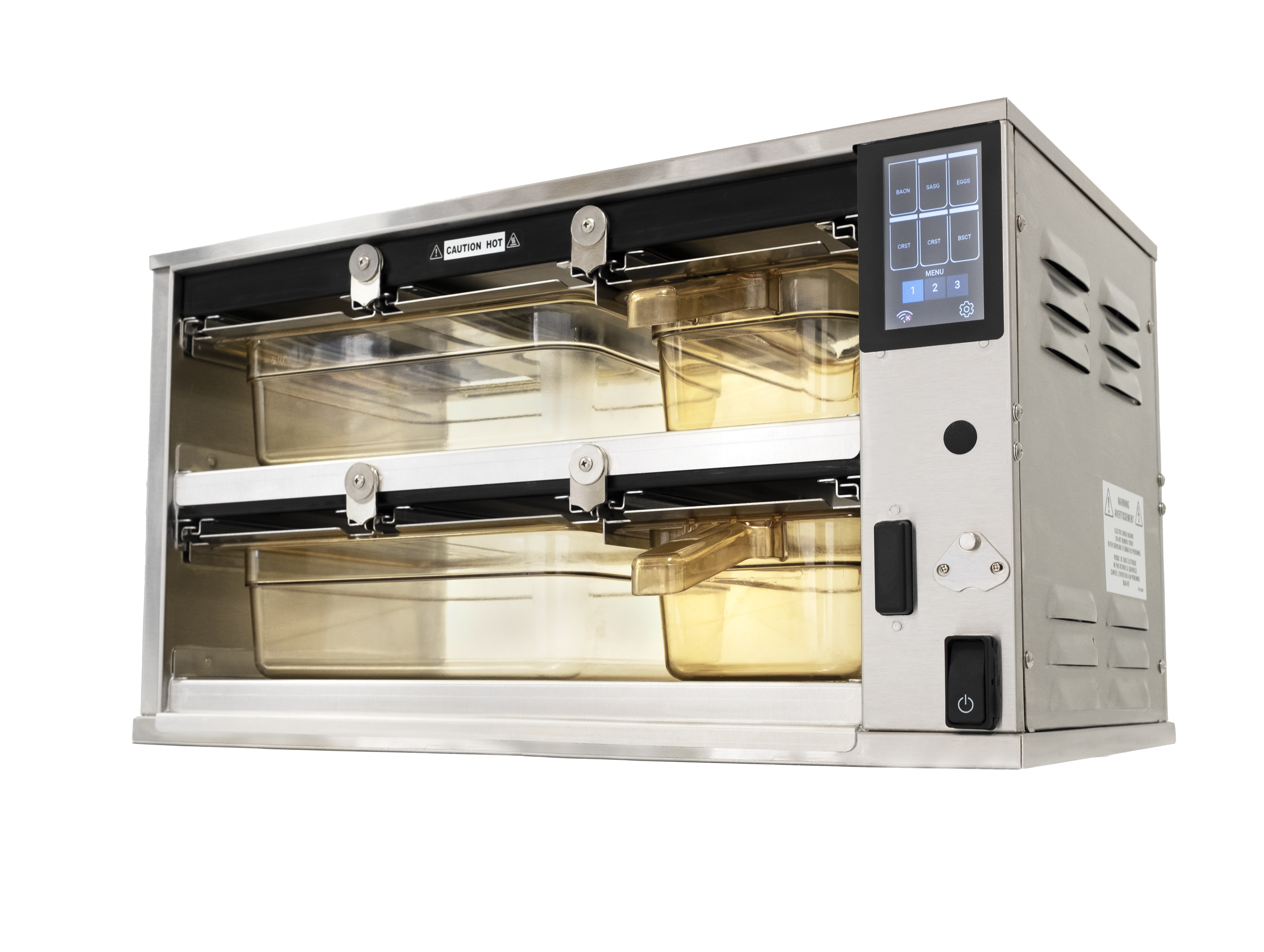 Duke hot hold cabinet 2 high 2 wide, 4 pan capacity 65mm deep, dedicated lids