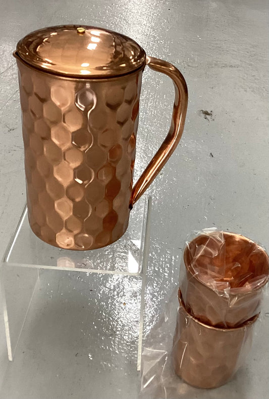 Big Hammered Copper Water Jug With 2 Tumbler