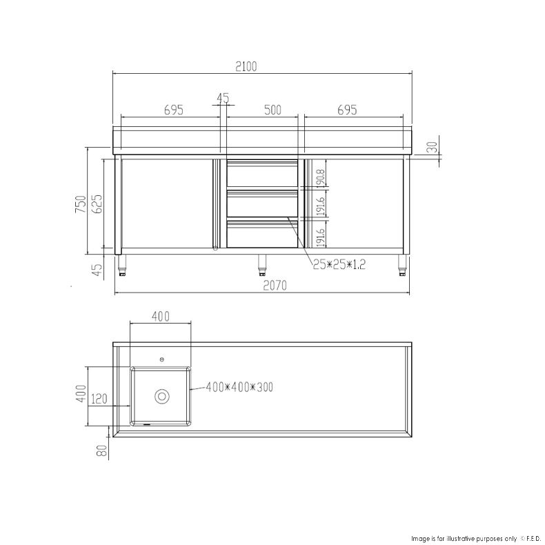 Single Sink Cabinet with Drawers and Doors Sink on Left 2100x600x900+150mm