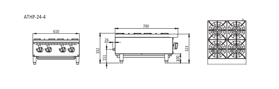 4 BURNER COOK TOPS W610 X D700 X H333 COOKRITE ATHP-24-4-NG