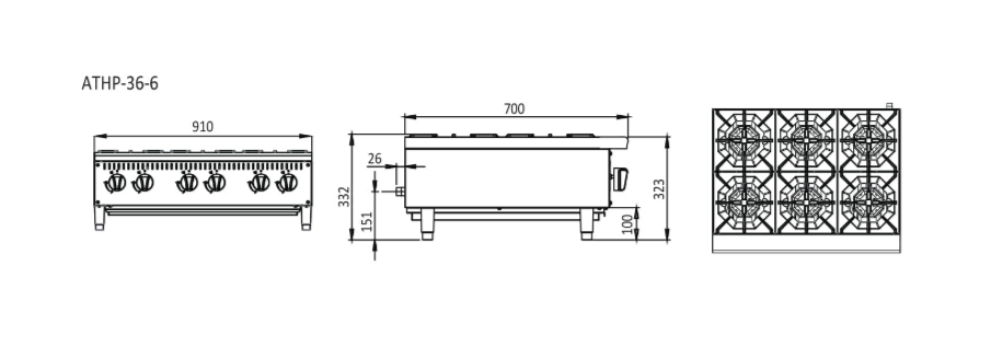 6 BURNER COOK TOPS W910 X D700 X H333 COOKRITE ATHP-36-6-NG