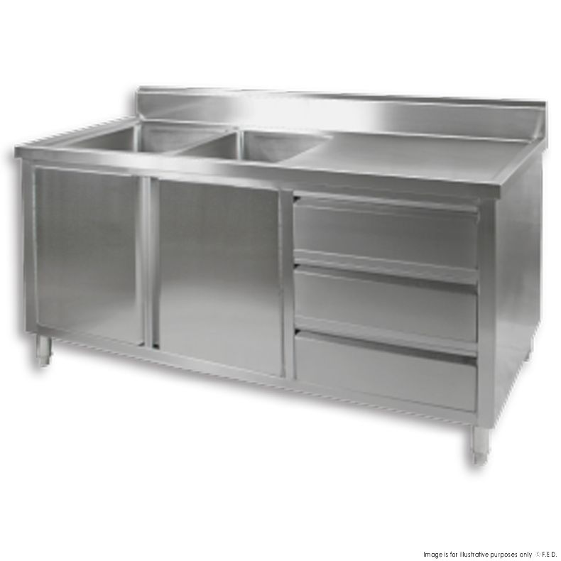 Double Sink Cabinet with Drawers and Doors Sink on Left 1800x700x900+150mm