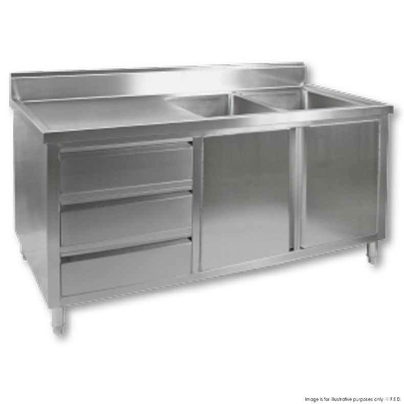 Double Sink Cabinet with Drawers and Doors Sink on Right 1800x700x900+150mm