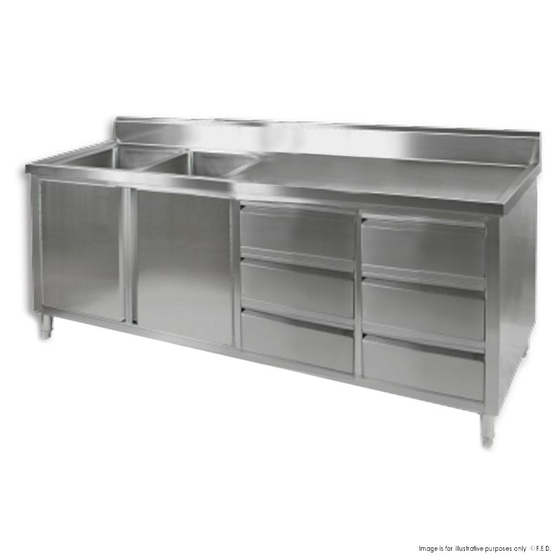 Double Sink Cabinet with Drawers and Doors Sink on Left 2100x700x900+150mm