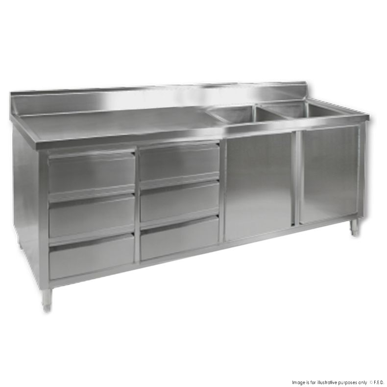 Double Sink Cabinet with Drawers and Doors Sink on Right 2400x700x900+150mm