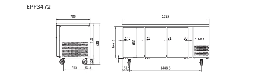 UNDERBENCH THREE DOOR FREEZER TABLE 1795 MM EPF3472