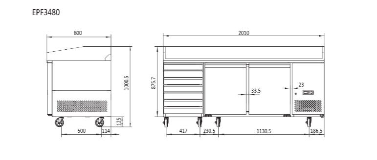 2 DOOR PIZZA TABLE FRIDGE WITH DRAWERS 2010 MM EPF3480