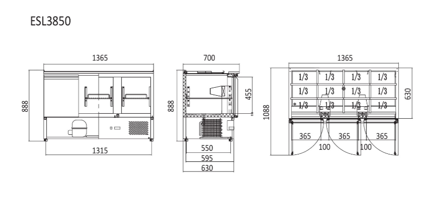 3 DOORS SLIDING LID SALADETTE FRIDGE 1365 MM ESL3850