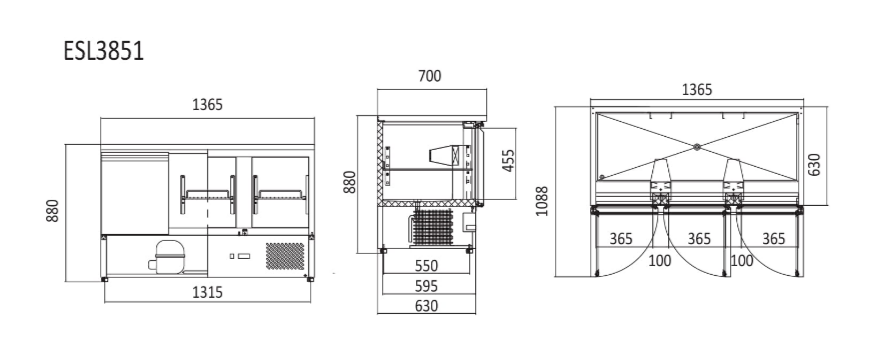 3 DOORS TABLE SALADETTE FRIDGE 1365 MM ESL3851