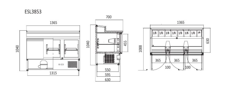 3 DOORS OPEN TOP SALADETTE FRIDGE 1365 MM ESL3853