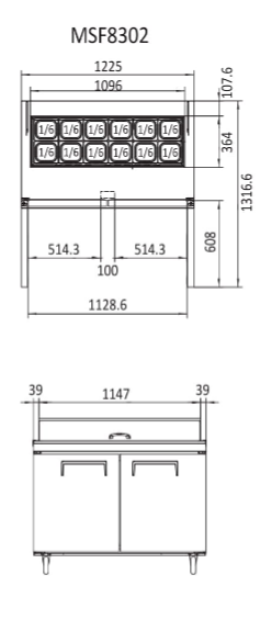 2 DOOR SANDWICH PREP TABLE FRIDGE 1225 MM MSF8302