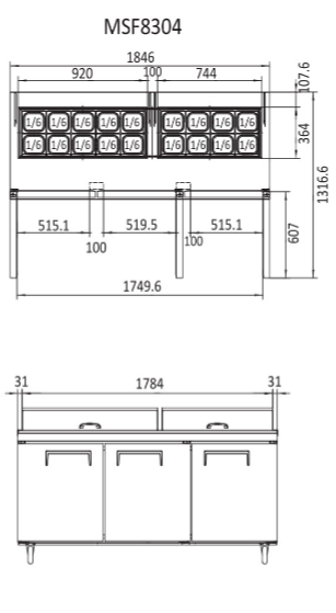 3 DOOR SANDWICH PREP TABLE FRIDGE1846 MM MSF8304