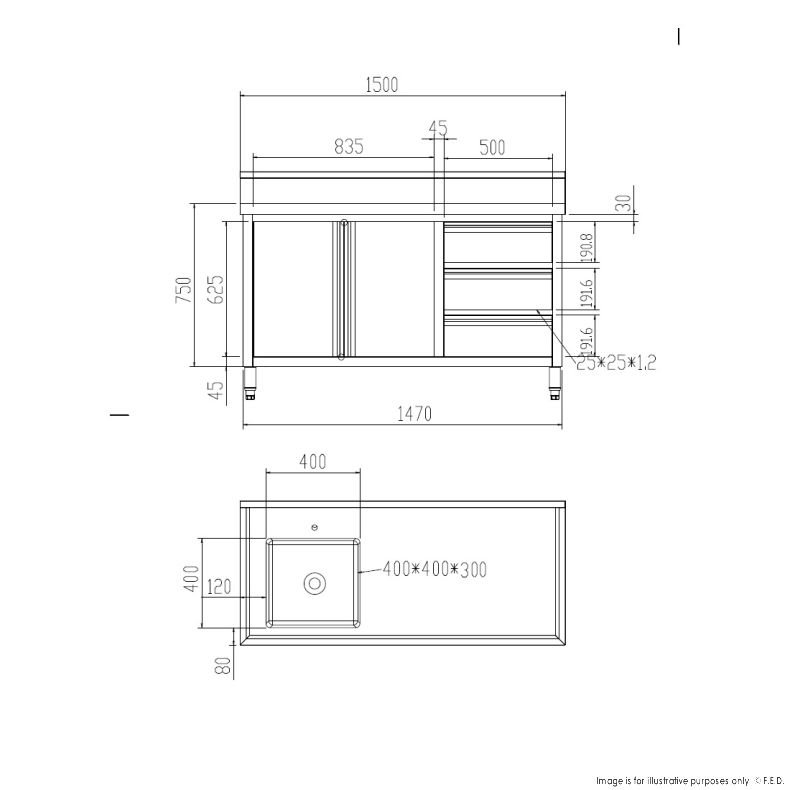 Single Sink Cabinet with Drawers and Doors Sink on Left 1500x600x900+150mm