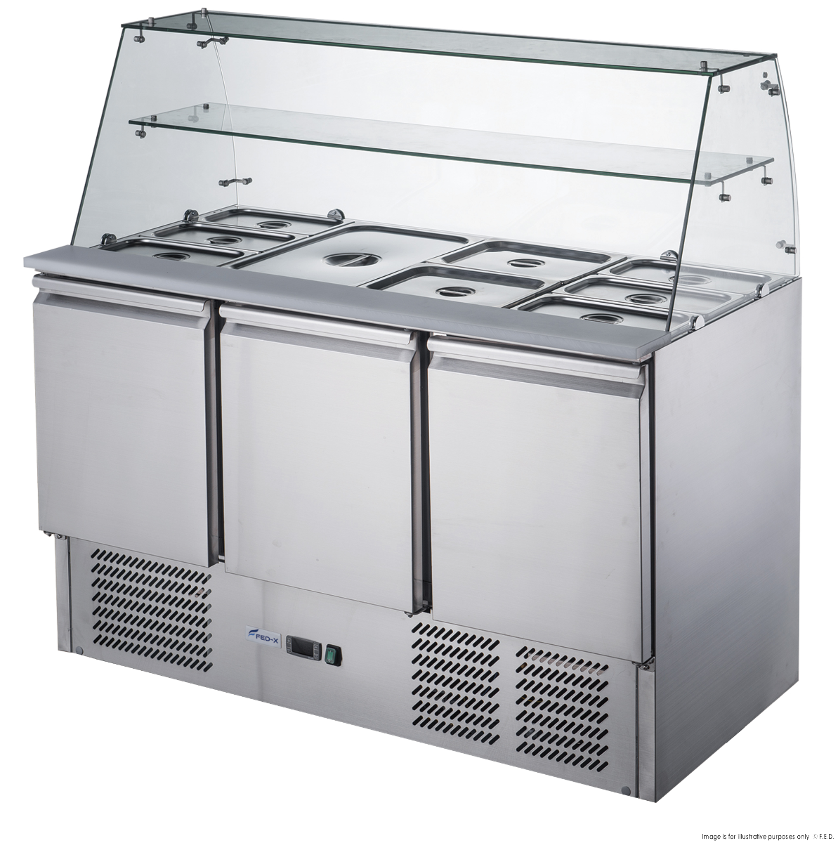FED-X Three Door Salad Prep Fridge with Glass Top - XS903GC