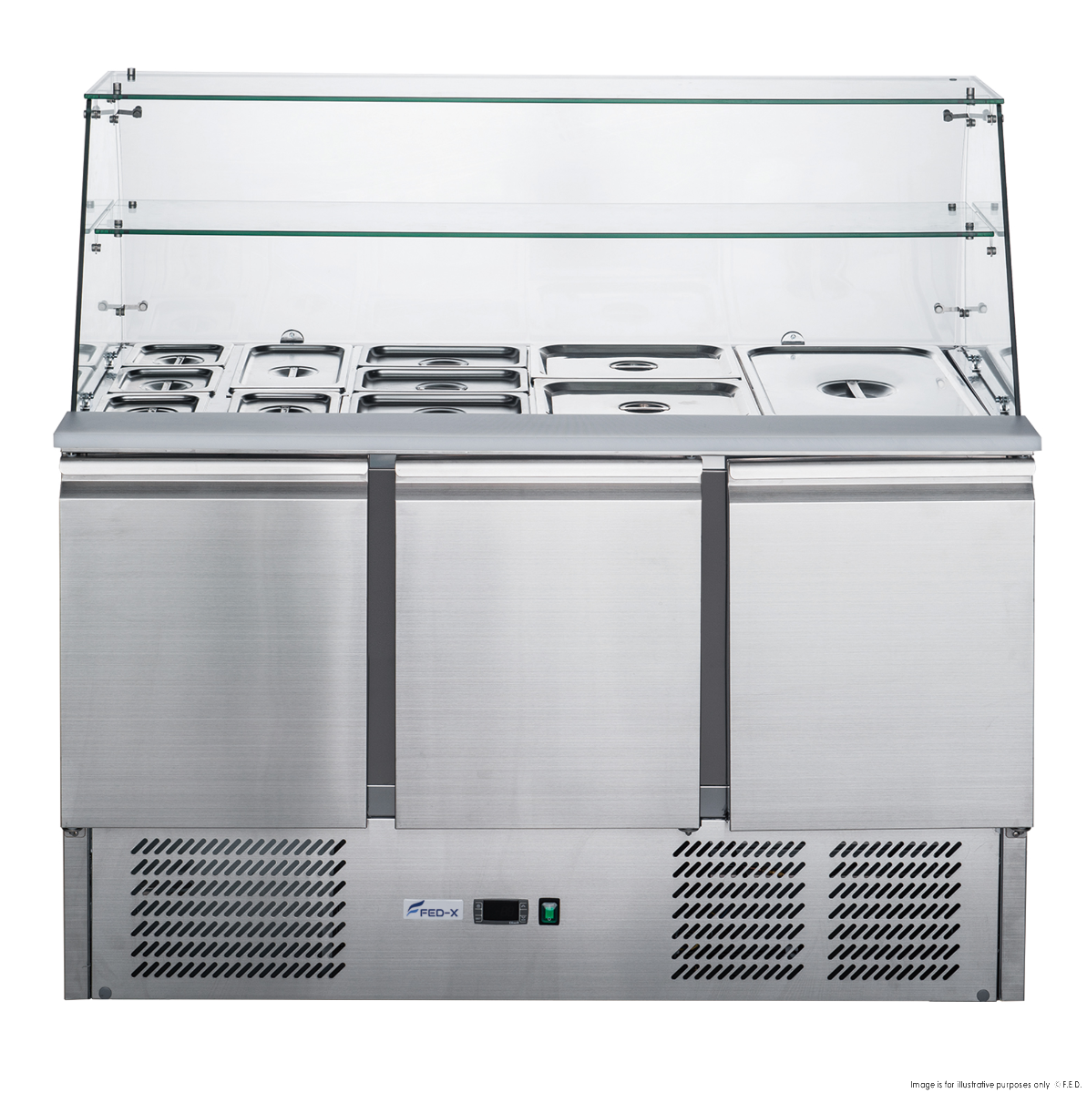 FED-X Three Door Salad Prep Fridge with Glass Top - XS903GC