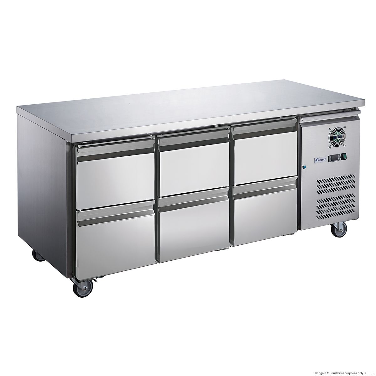 FED-X S/S Six-Door Bench Fridge with Drawers - XUB7C18S3D