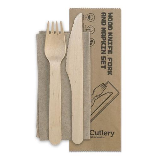 CUTLERY PACK FSC WOOD - KNIFE / FORK / NAPKIN BIOPAK